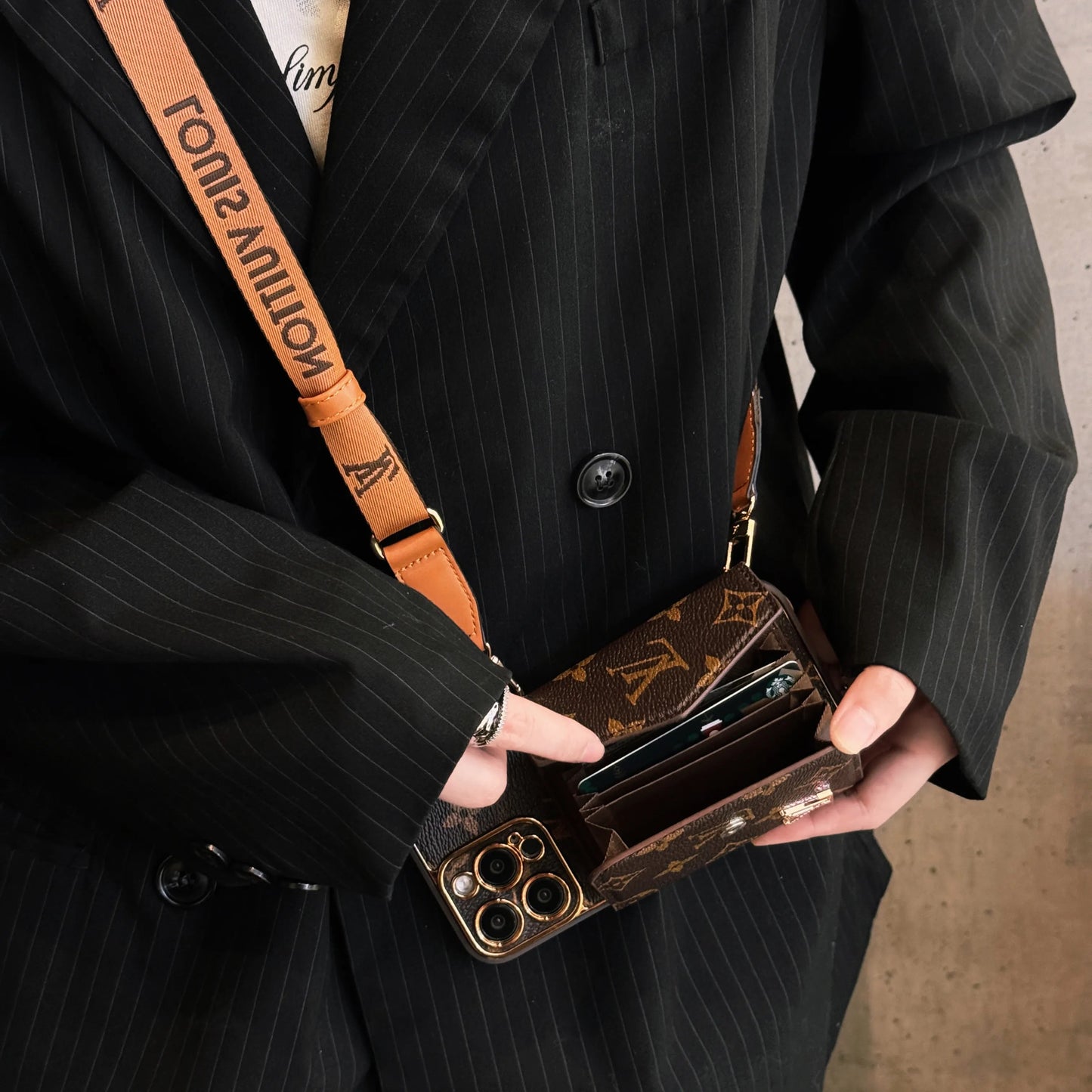 Luxury Leather iPhone Case with Integrated Wallet & Detachable Strap