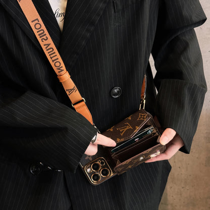 Luxury Leather iPhone Case with Integrated Wallet & Detachable Strap