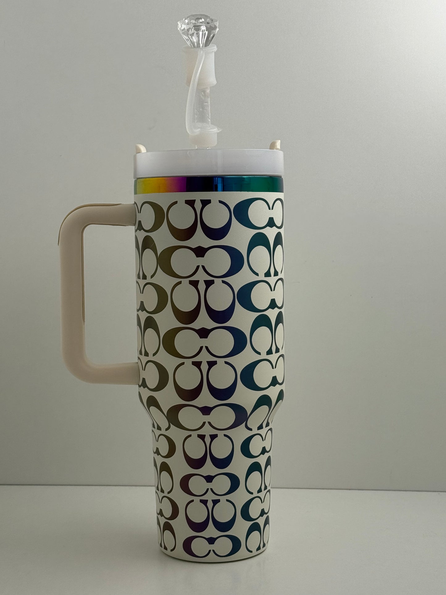 40oz Holographic Monogram Quencher Tumbler – White