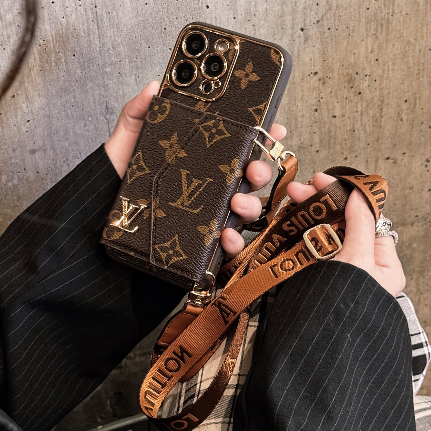 Luxury Leather iPhone Case with Integrated Wallet & Detachable Strap