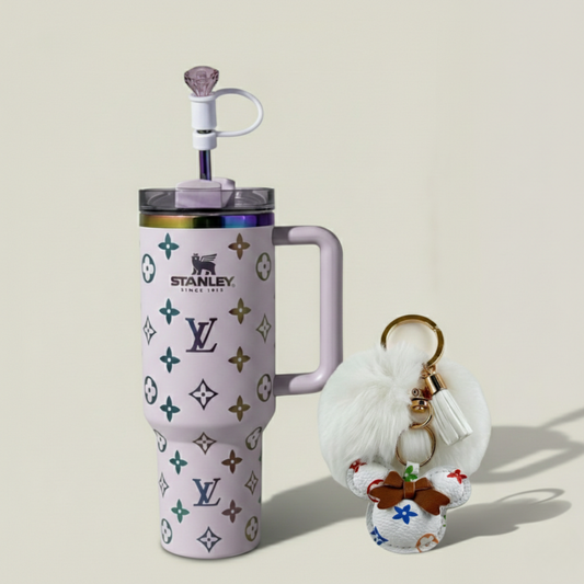 40oz Luxury-Inspired Quencher Tumbler + Luxury Keychain + Gem Straw Topper – Petal Violet
